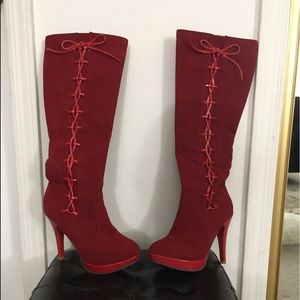 Deep Red/ Light Red Two-Tone Velvety Knee High Boots Size 6